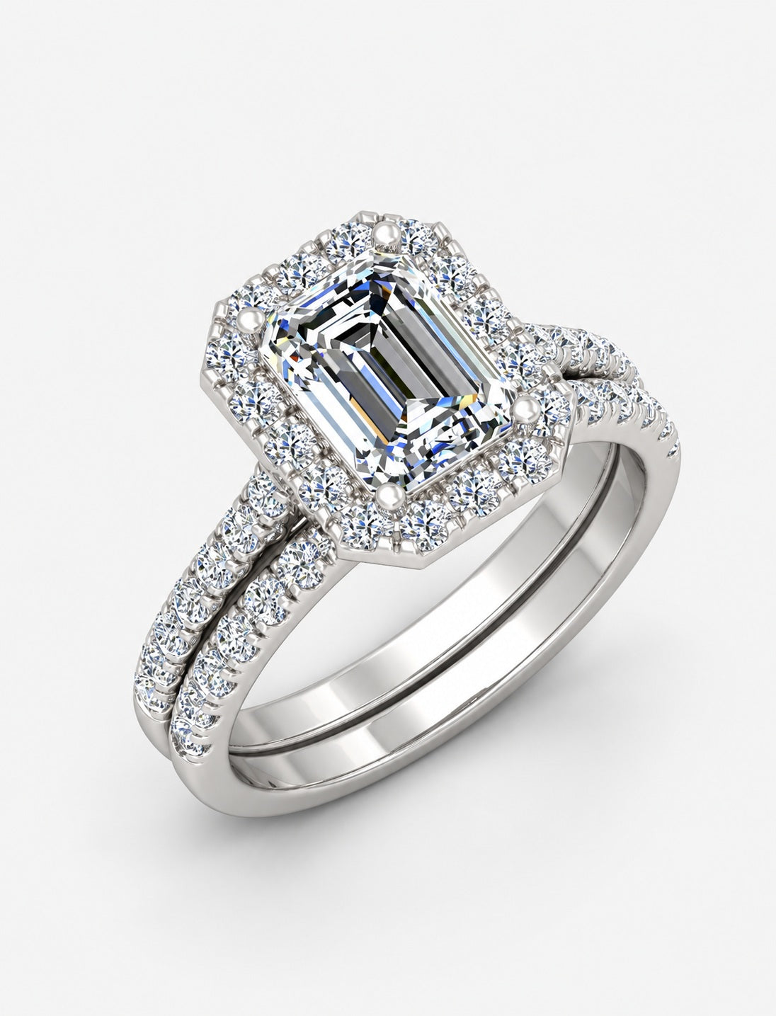 IGI Certified Emerald Cut Lab Grown Diamond Bridal Ring Set with Pavé Band