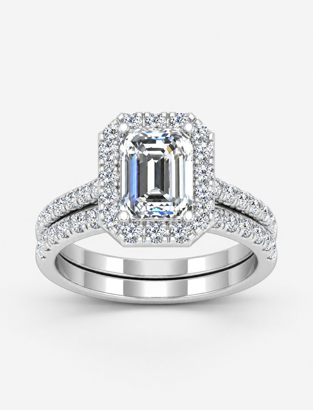 IGI Certified Emerald Cut Lab Grown Diamond Bridal Ring Set with Pavé Band