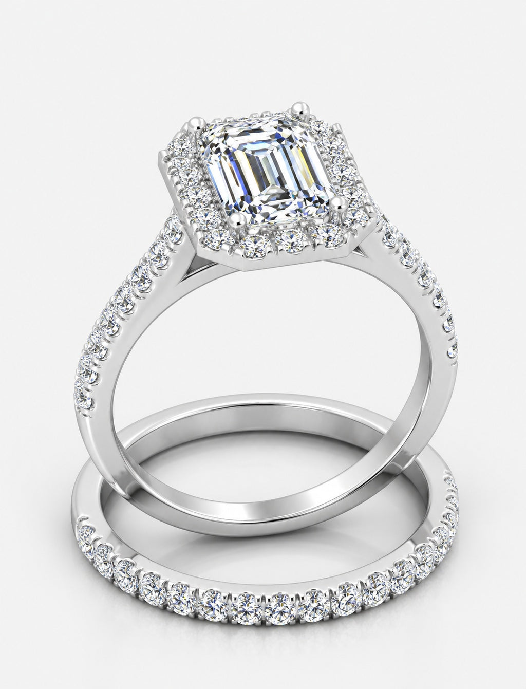 IGI Certified Emerald Cut Lab Grown Diamond Bridal Ring Set with Pavé Band