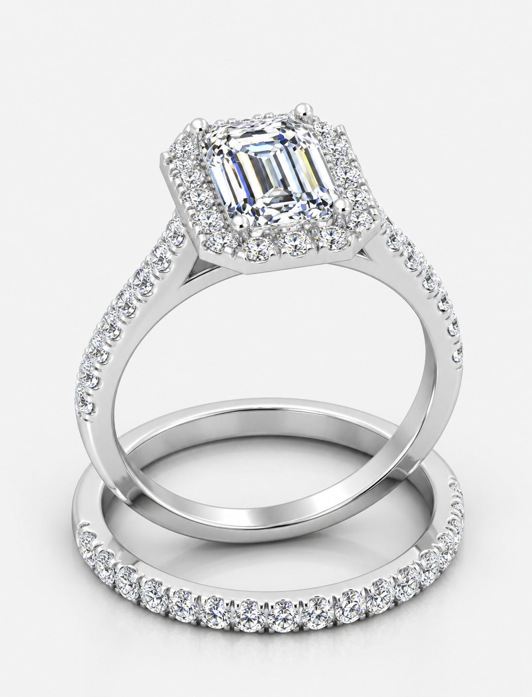 IGI Certified Emerald Cut Lab Grown Diamond Bridal Ring Set with Pavé Band