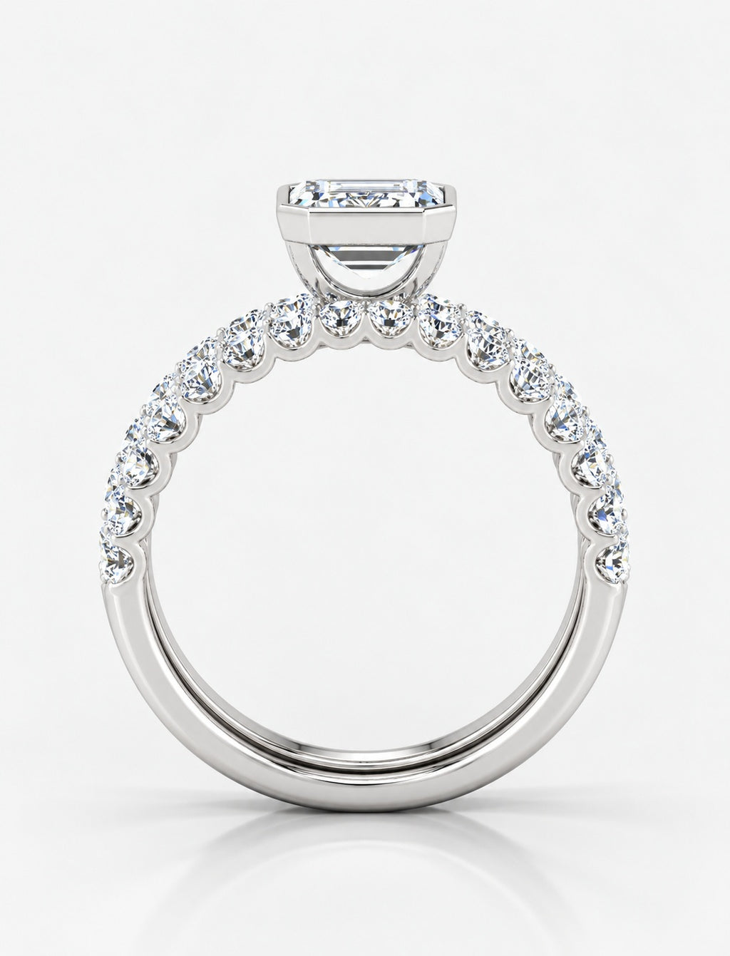 The Imperial IGI Certified Lab Grown Emerald-Cut Bezel-Set Solitaire Bridal Suite with Pavé Bands in Gold & Platinum – 1–4Ct