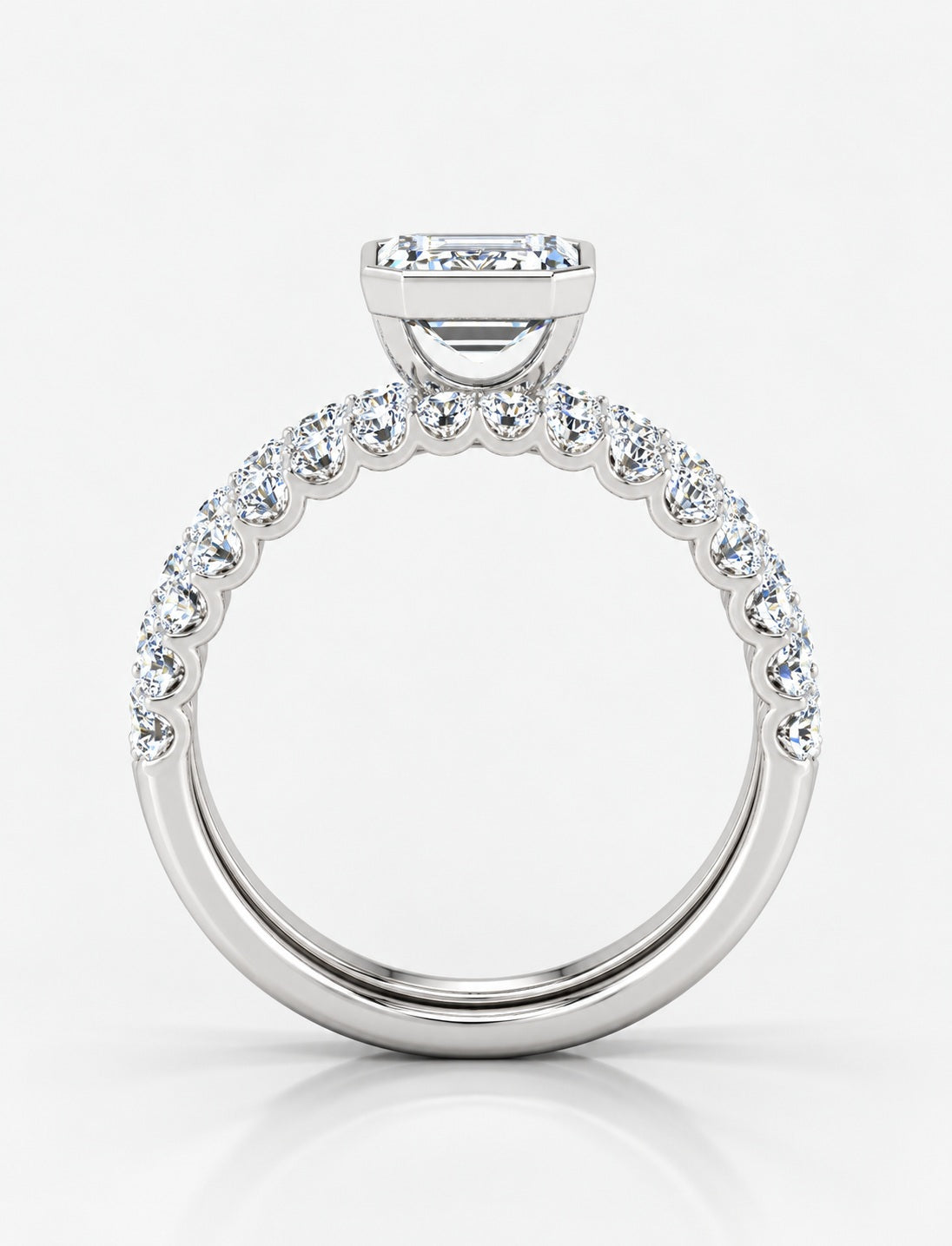 The Imperial IGI Certified Lab Grown Emerald-Cut Bezel-Set Solitaire Bridal Suite with Pavé Bands in Gold & Platinum – 1–4Ct