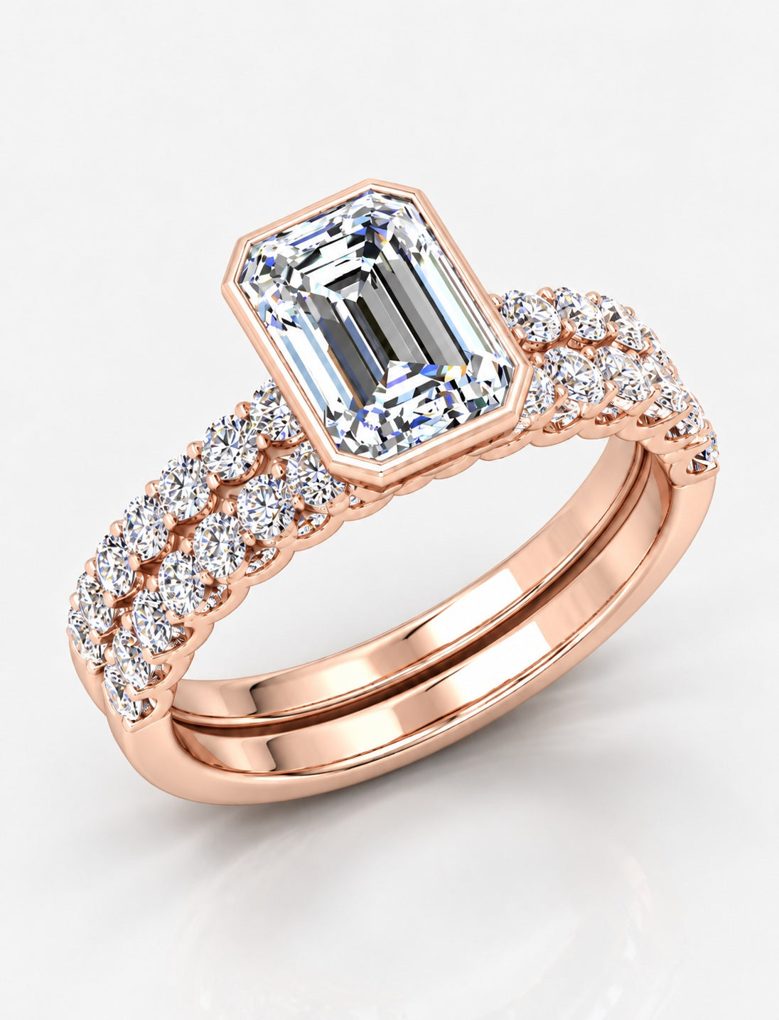 The Imperial IGI Certified Lab Grown Emerald-Cut Bezel-Set Solitaire Bridal Suite with Pavé Bands in Gold & Platinum – 1–4Ct