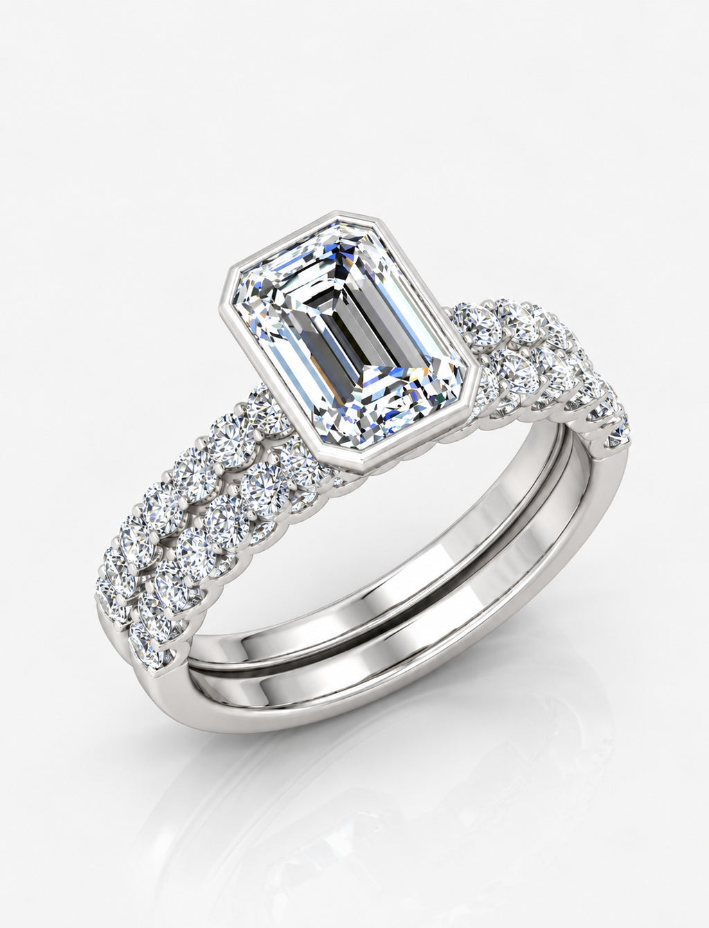 The Imperial IGI Certified Lab Grown Emerald-Cut Bezel-Set Solitaire Bridal Suite with Pavé Bands in Gold & Platinum – 1–4Ct