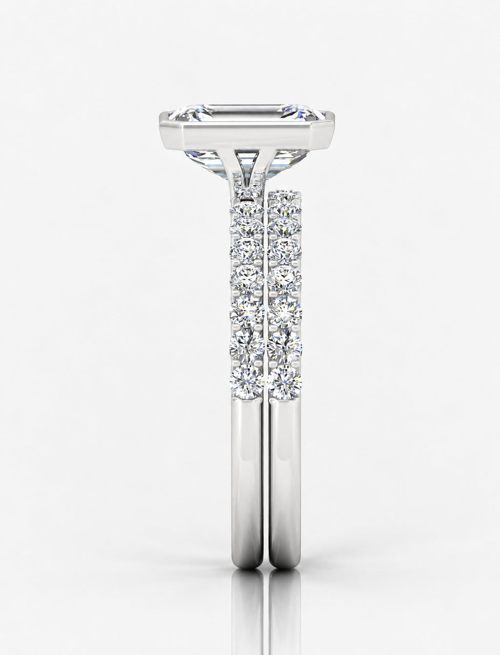 The Imperial IGI Certified Lab Grown Emerald-Cut Bezel-Set Solitaire Bridal Suite with Pavé Bands in Gold & Platinum – 1–4Ct