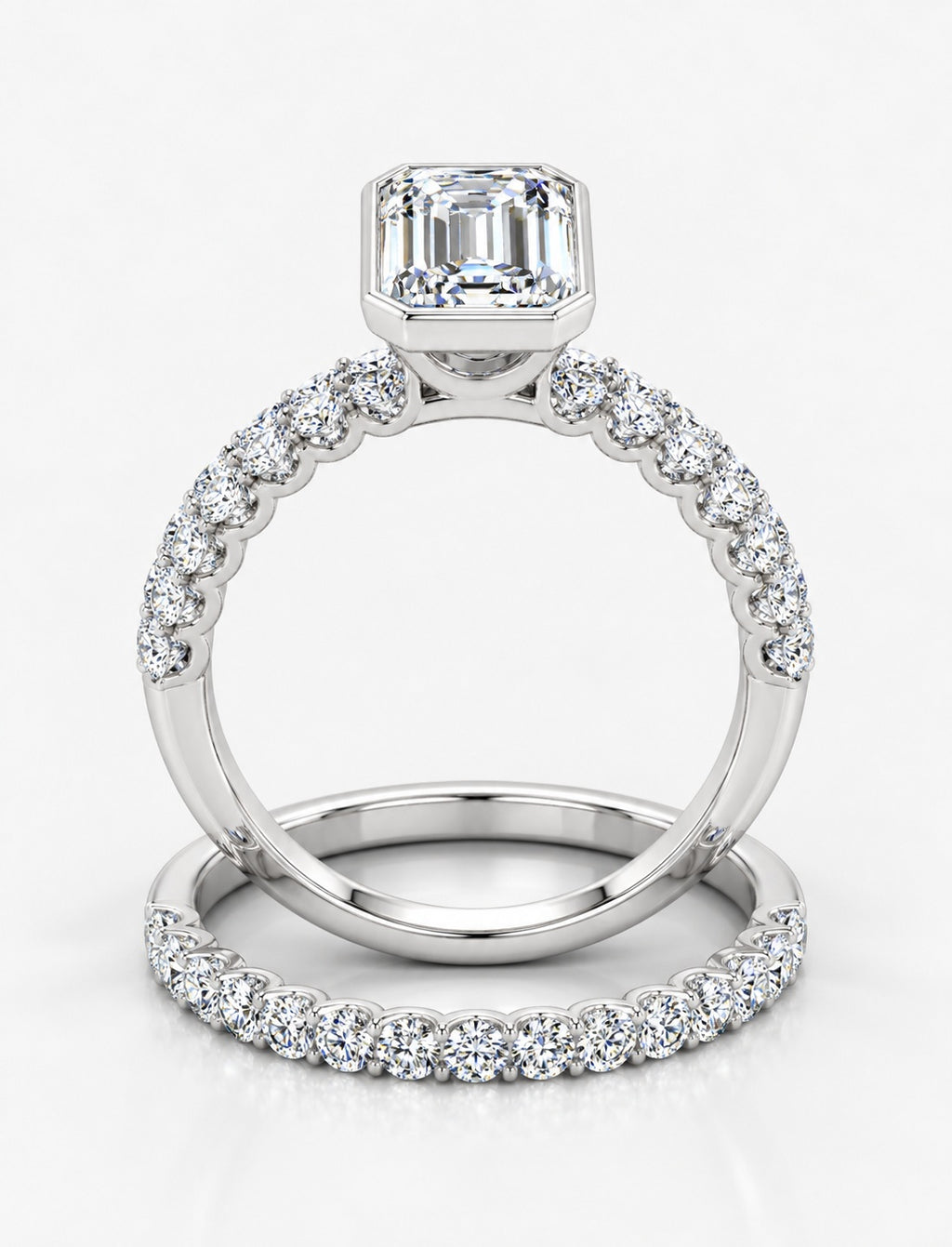 The Imperial IGI Certified Lab Grown Emerald-Cut Bezel-Set Solitaire Bridal Suite with Pavé Bands in Gold & Platinum – 1–4Ct