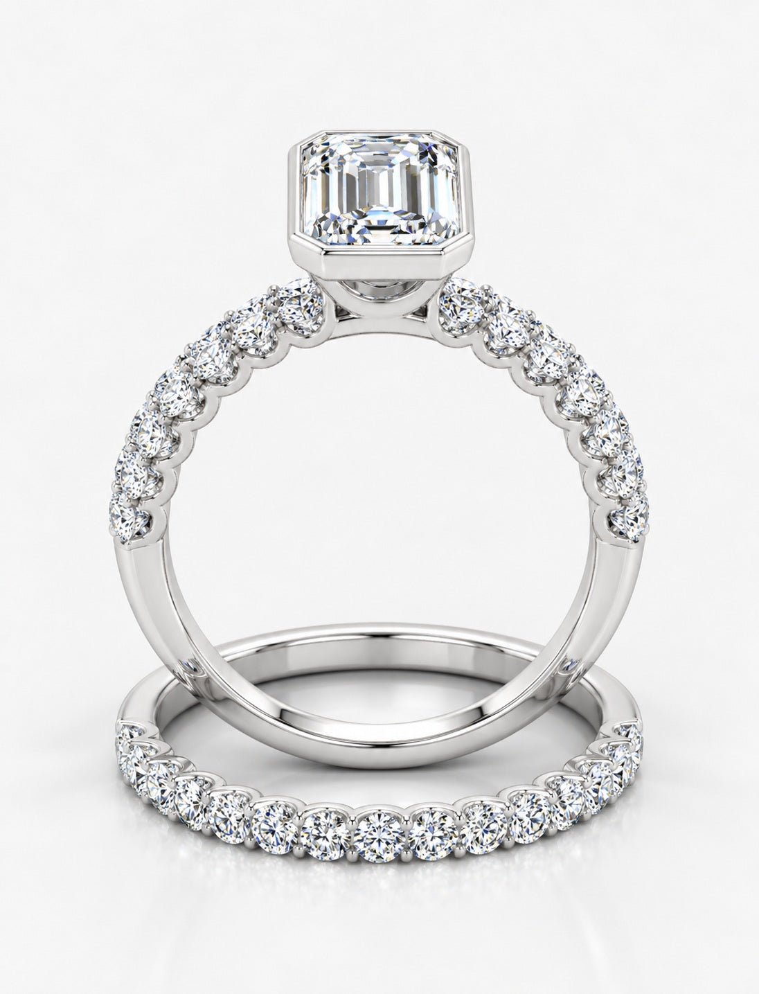 The Imperial IGI Certified Lab Grown Emerald-Cut Bezel-Set Solitaire Bridal Suite with Pavé Bands in Gold & Platinum – 1–4Ct