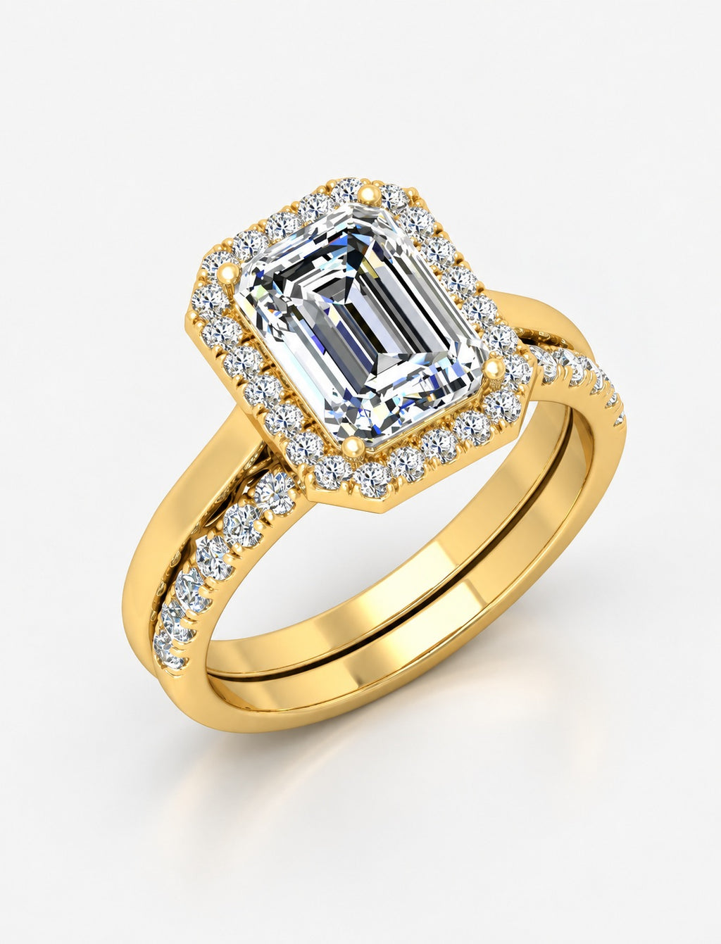 IGI Certified Lab Grown Emerald-Cut Diamond Halo Engagement Ring with Matching Pavé Wedding Band Bridal Set in Gold & Platinum – 1–4Ct