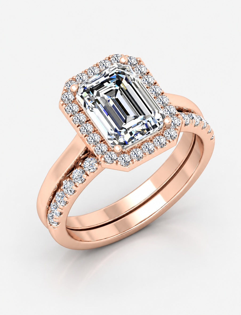IGI Certified Lab Grown Emerald-Cut Diamond Halo Engagement Ring with Matching Pavé Wedding Band Bridal Set in Gold & Platinum – 1–4Ct