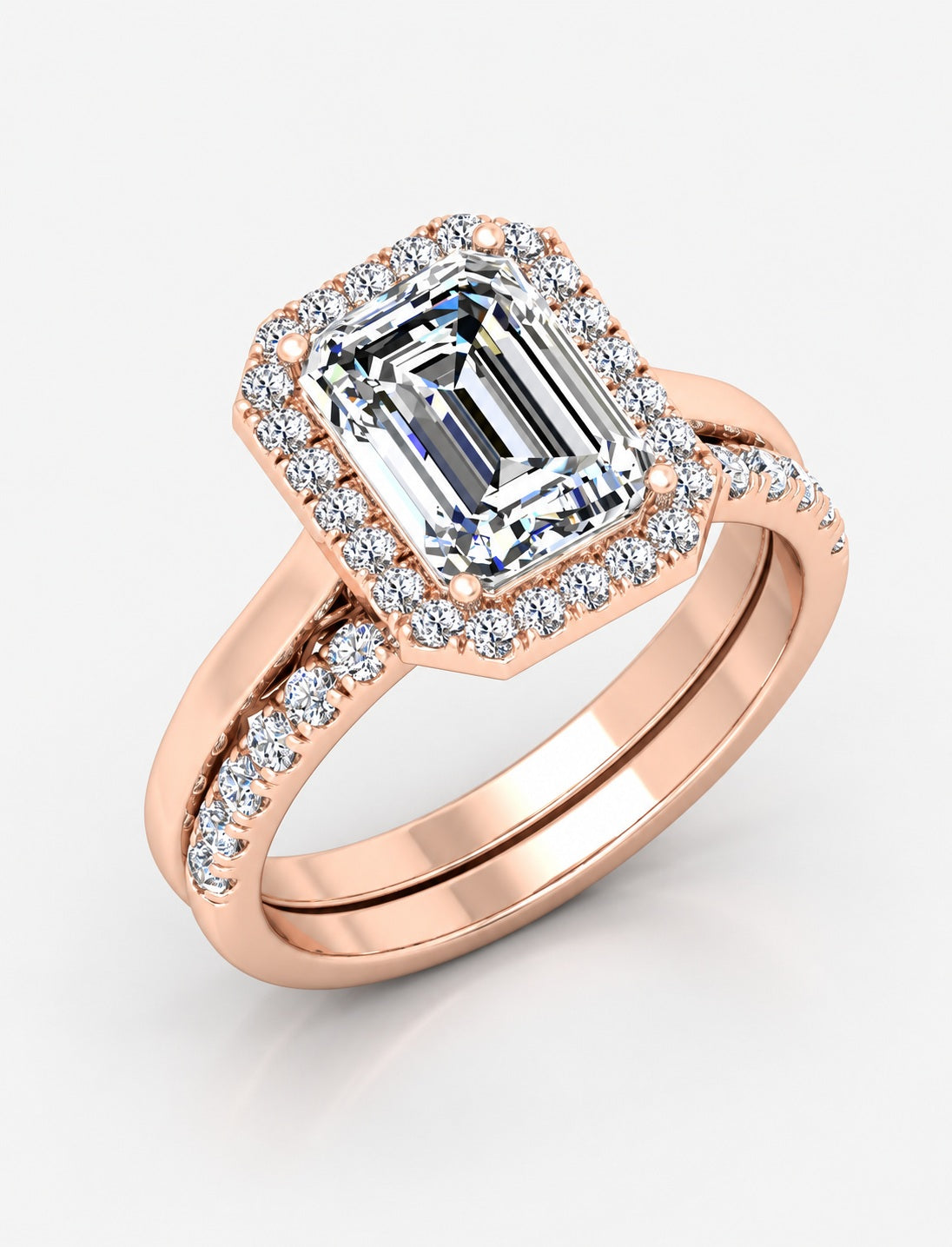 IGI Certified Lab Grown Emerald-Cut Diamond Halo Engagement Ring with Matching Pavé Wedding Band Bridal Set in Gold & Platinum – 1–4Ct