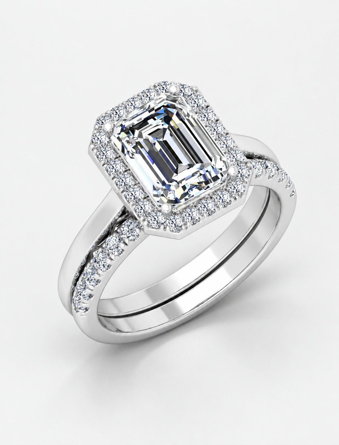 IGI Certified Lab Grown Emerald-Cut Diamond Halo Engagement Ring with Matching Pavé Wedding Band Bridal Set in Gold & Platinum – 1–4Ct