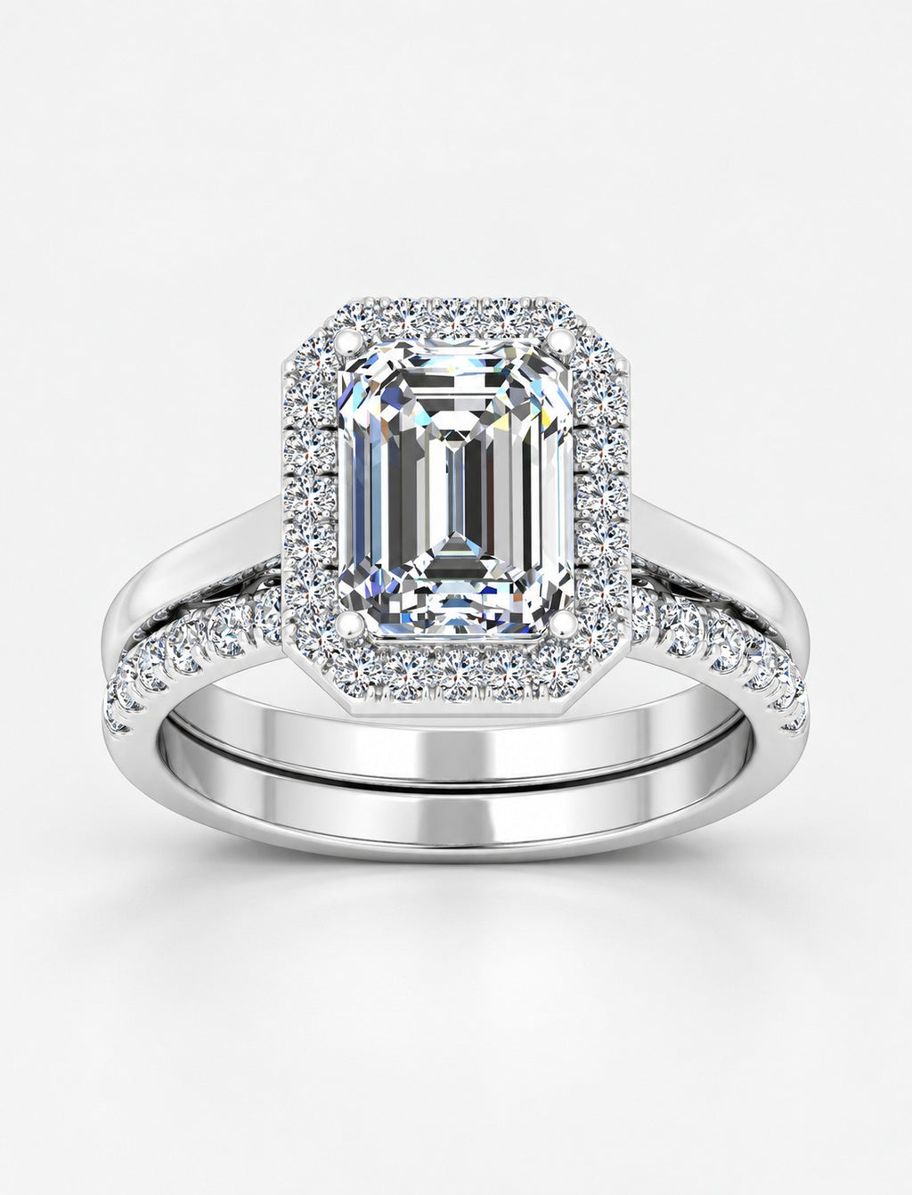IGI Certified Lab Grown Emerald-Cut Diamond Halo Engagement Ring with Matching Pavé Wedding Band Bridal Set in Gold & Platinum – 1–4Ct