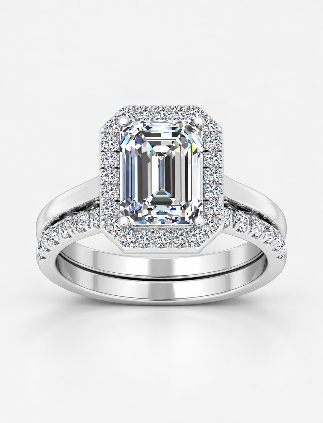 IGI Certified Lab Grown Emerald-Cut Diamond Halo Engagement Ring with Matching Pavé Wedding Band Bridal Set in Gold & Platinum – 1–4Ct