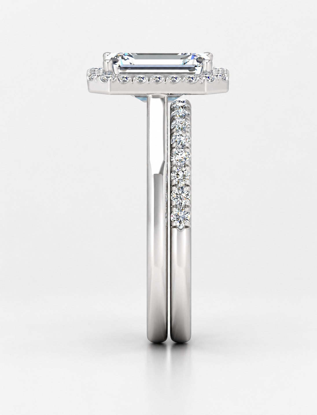 IGI Certified Lab Grown Emerald-Cut Diamond Halo Engagement Ring with Matching Pavé Wedding Band Bridal Set in Gold & Platinum – 1–4Ct