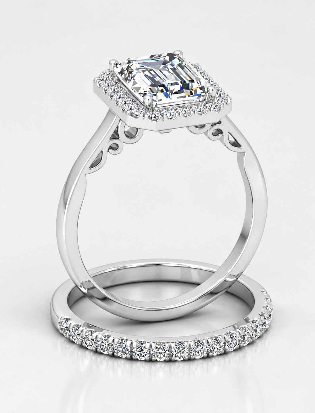IGI Certified Lab Grown Emerald-Cut Diamond Halo Engagement Ring with Matching Pavé Wedding Band Bridal Set in Gold & Platinum – 1–4Ct