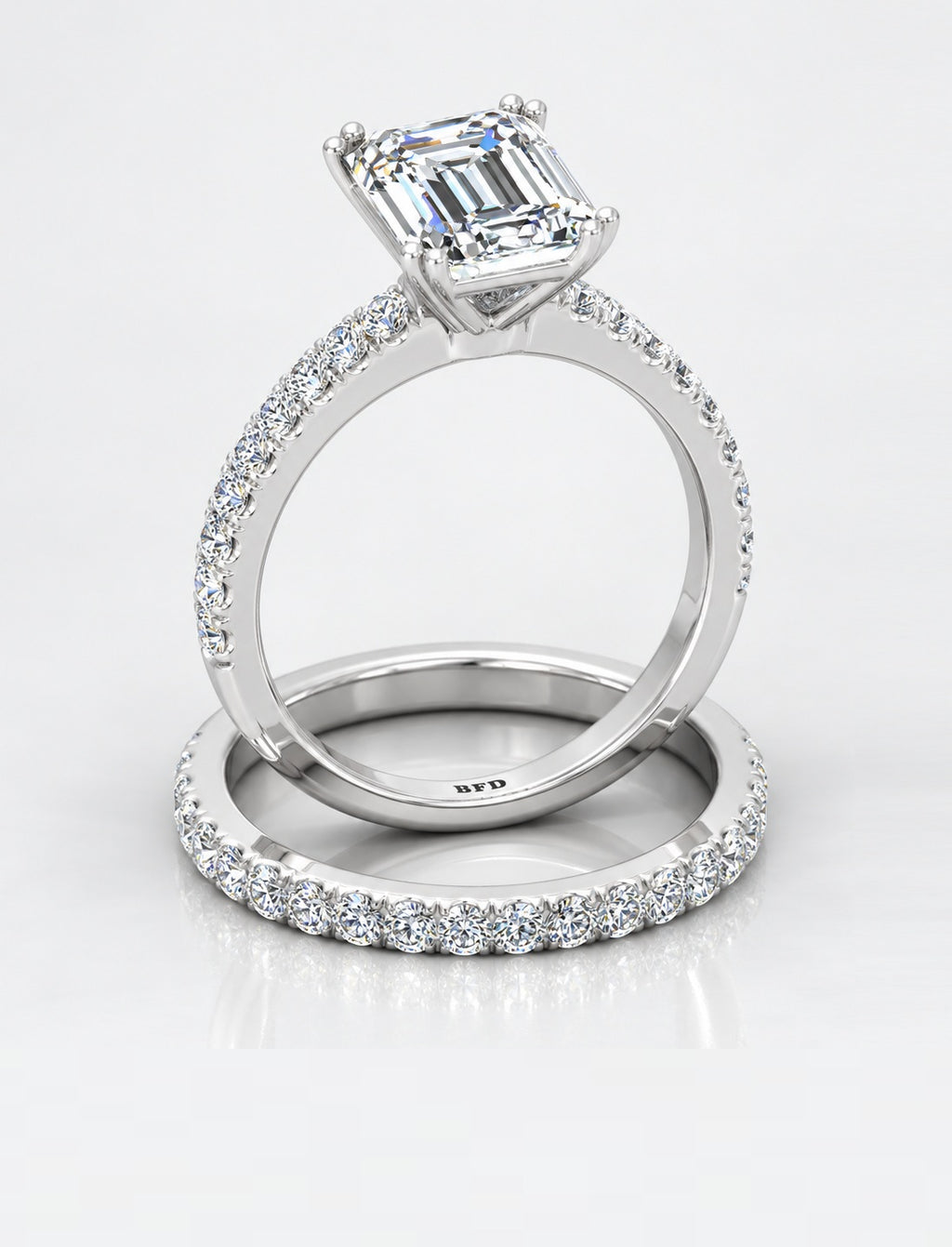 IGI Certified Lab Grown Emerald Cut Diamond Engagement Ring with Matching Pavé Band Bridal Set in Gold & Platinum