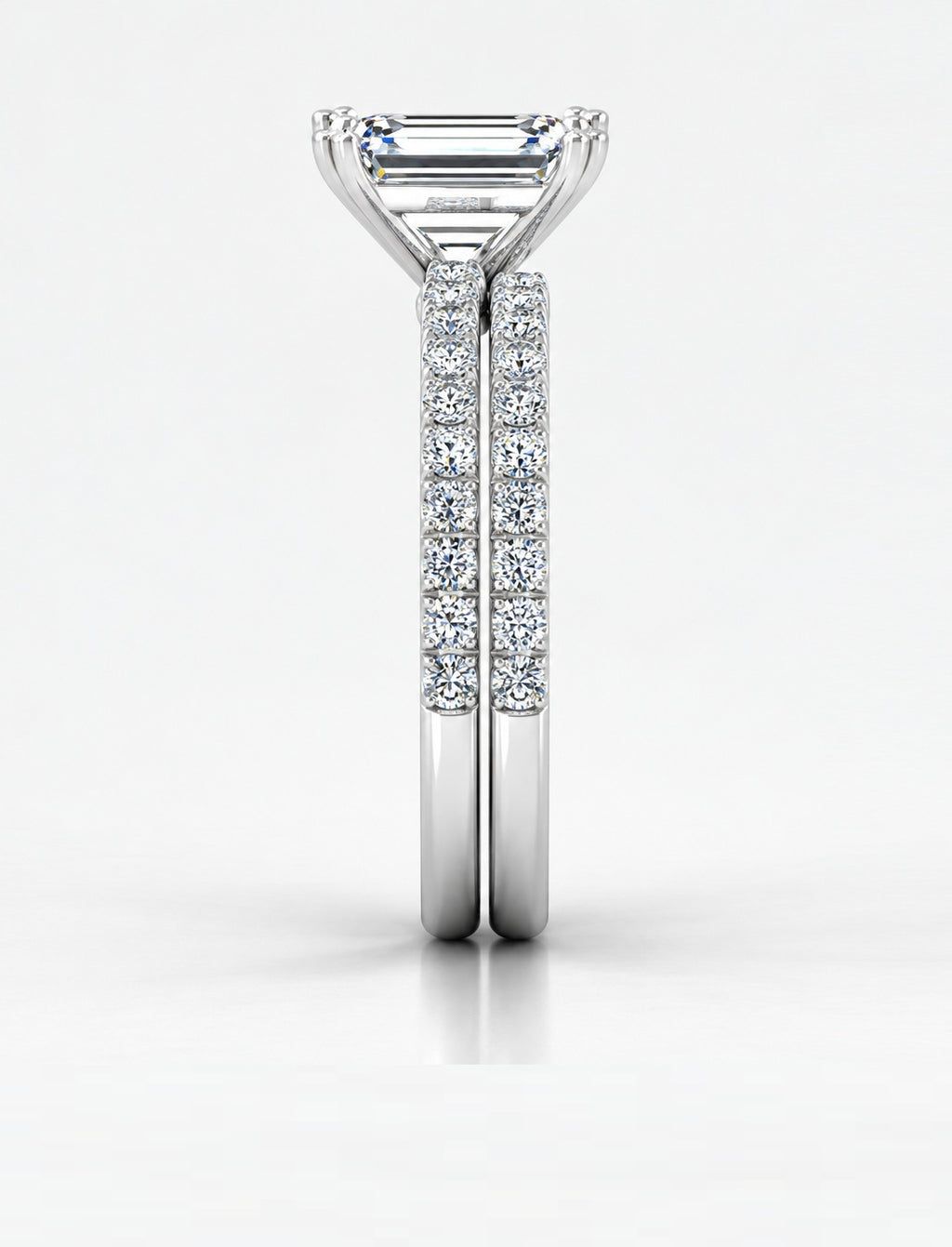 IGI Certified Lab Grown Emerald Cut Diamond Engagement Ring with Matching Pavé Band Bridal Set in Gold & Platinum