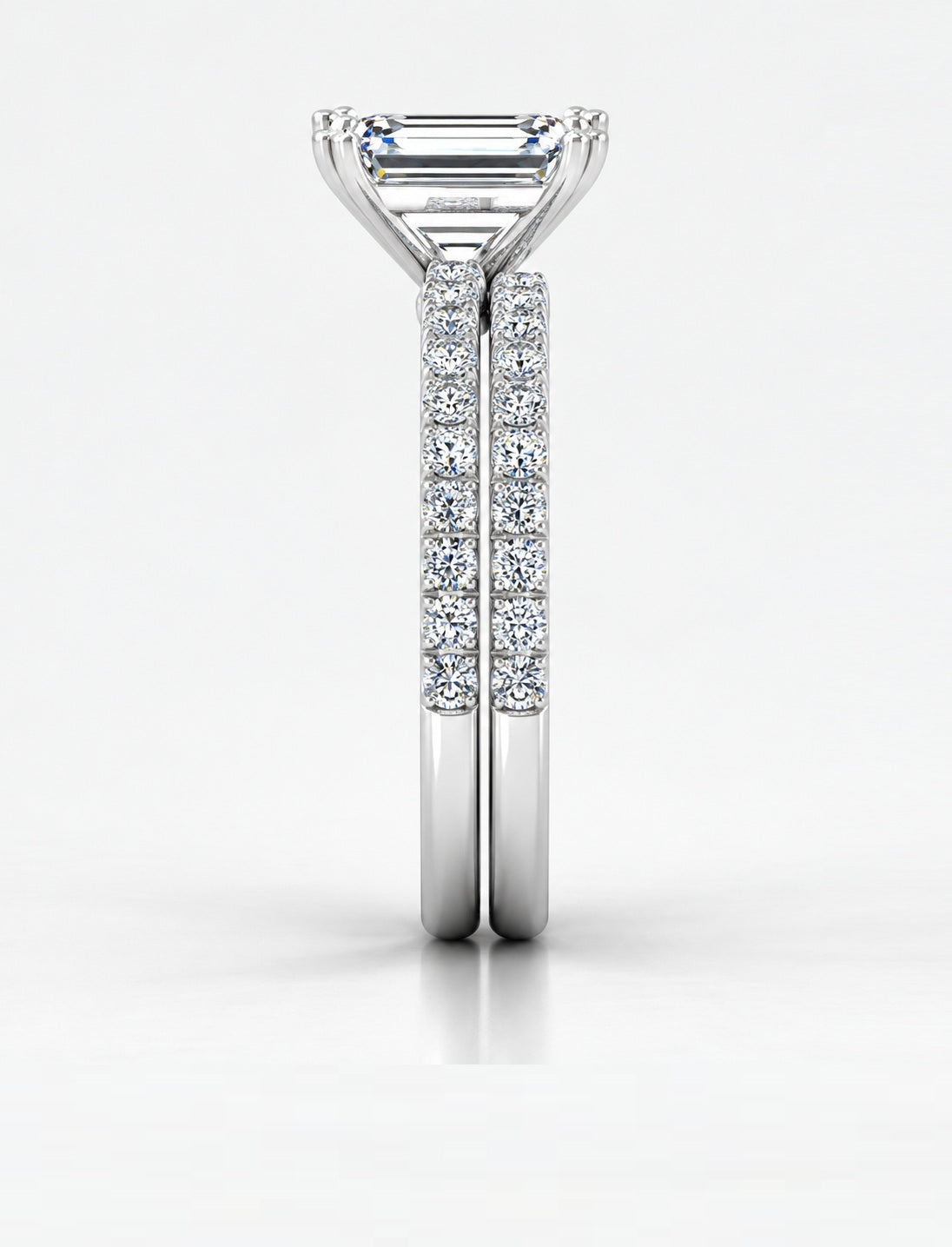 IGI Certified Lab Grown Emerald Cut Diamond Engagement Ring with Matching Pavé Band Bridal Set in Gold & Platinum