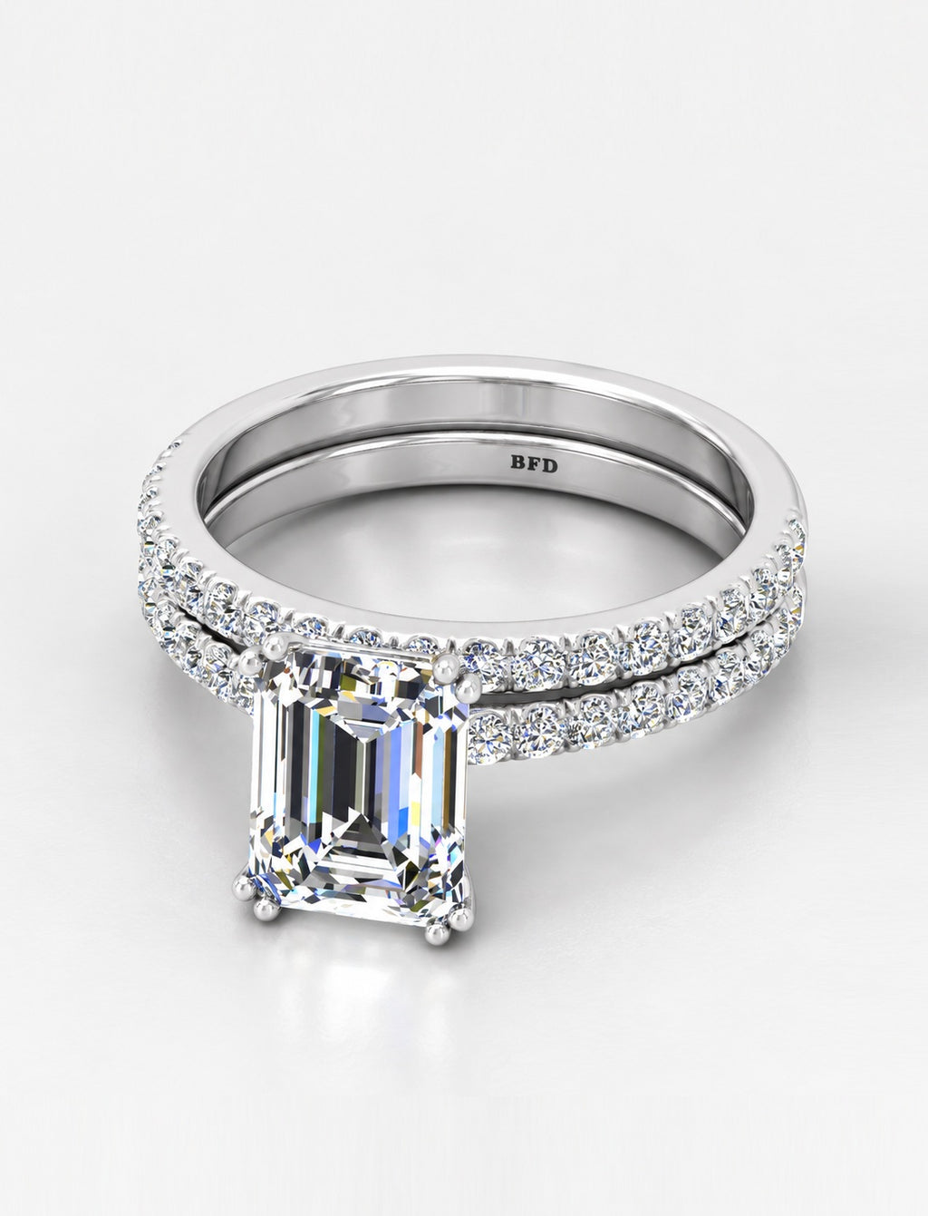 IGI Certified Lab Grown Emerald Cut Diamond Engagement Ring with Matching Pavé Band Bridal Set in Gold & Platinum