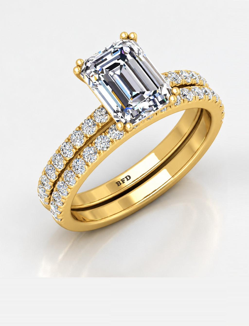IGI Certified Lab Grown Emerald Cut Diamond Engagement Ring with Matching Pavé Band Bridal Set in Gold & Platinum