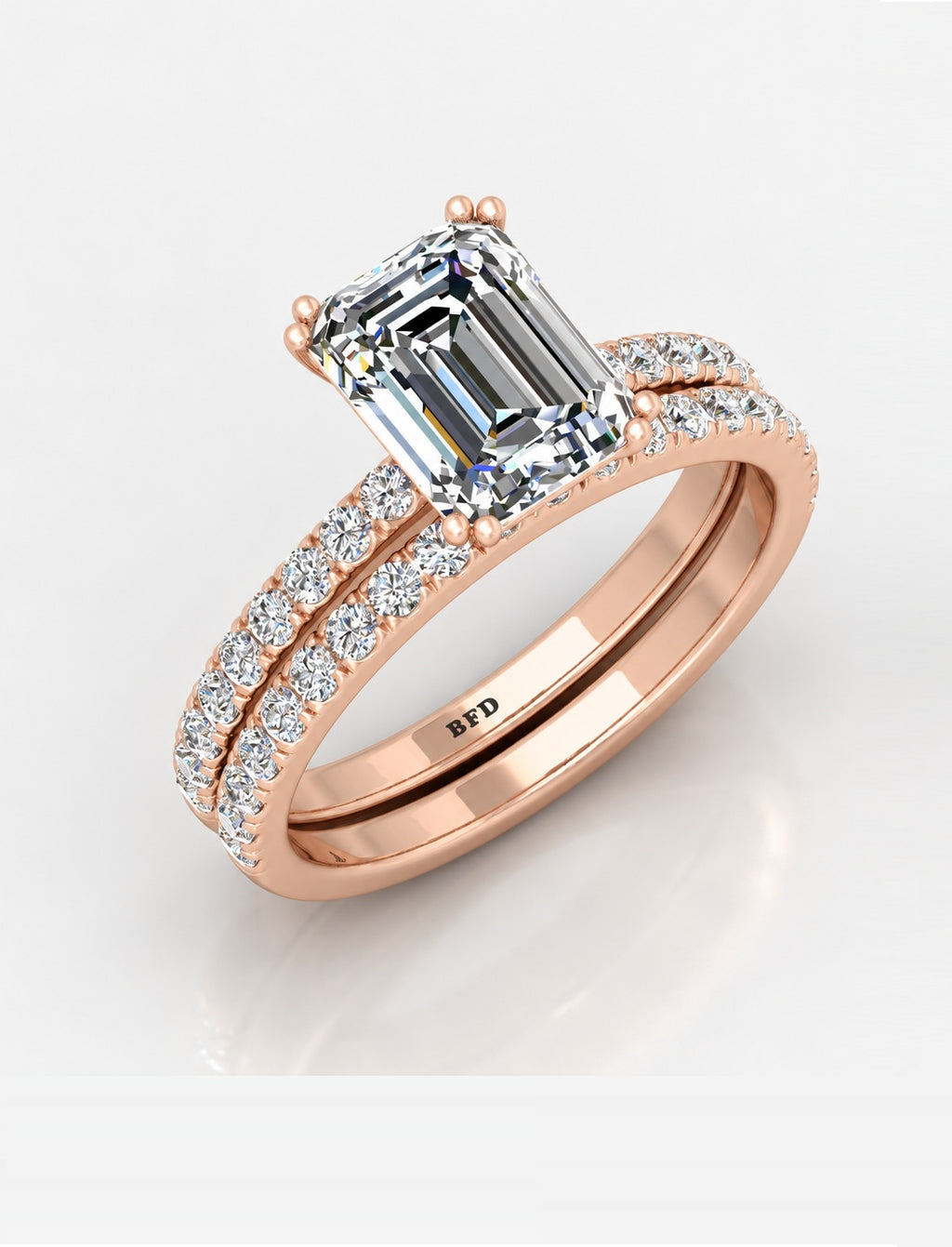 IGI Certified Lab Grown Emerald Cut Diamond Engagement Ring with Matching Pavé Band Bridal Set in Gold & Platinum