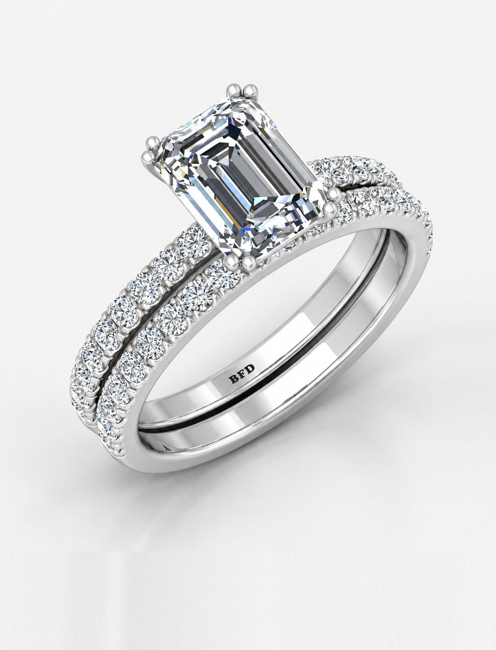 IGI Certified Lab Grown Emerald Cut Diamond Engagement Ring with Matching Pavé Band Bridal Set in Gold & Platinum