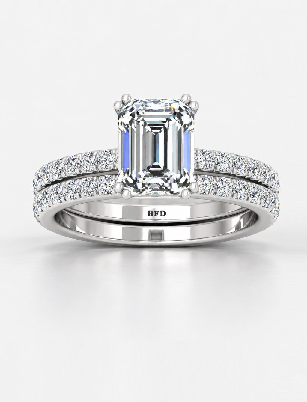 IGI Certified Lab Grown Emerald Cut Diamond Engagement Ring with Matching Pavé Band Bridal Set in Gold & Platinum