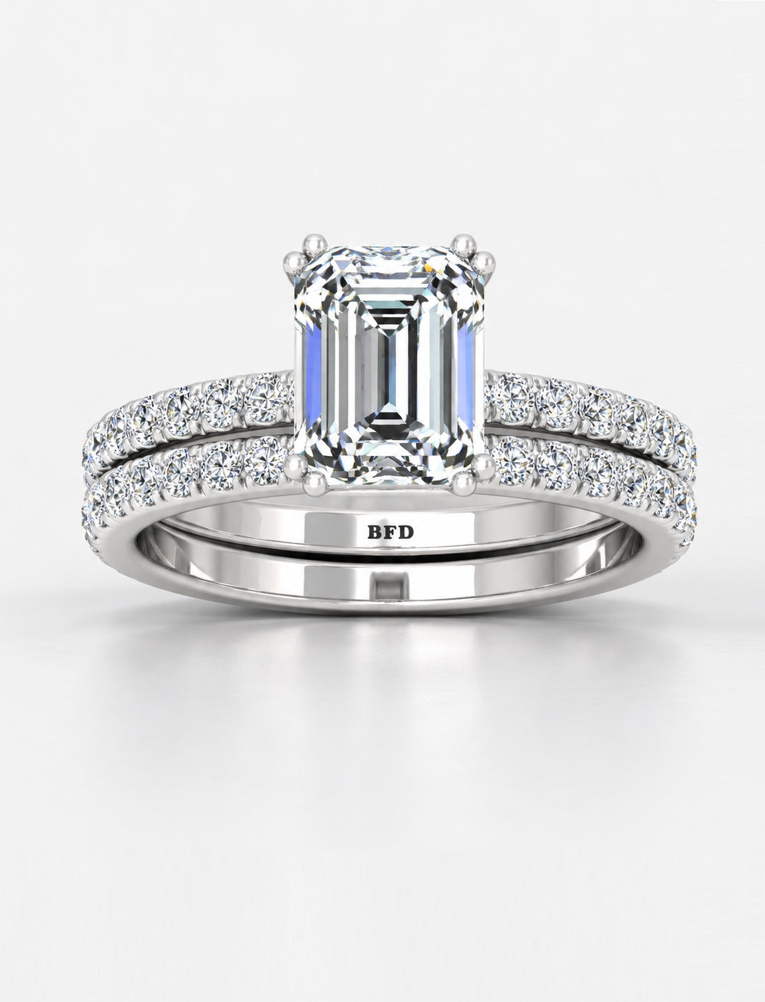 IGI Certified Lab Grown Emerald Cut Diamond Engagement Ring with Matching Pavé Band Bridal Set in Gold & Platinum