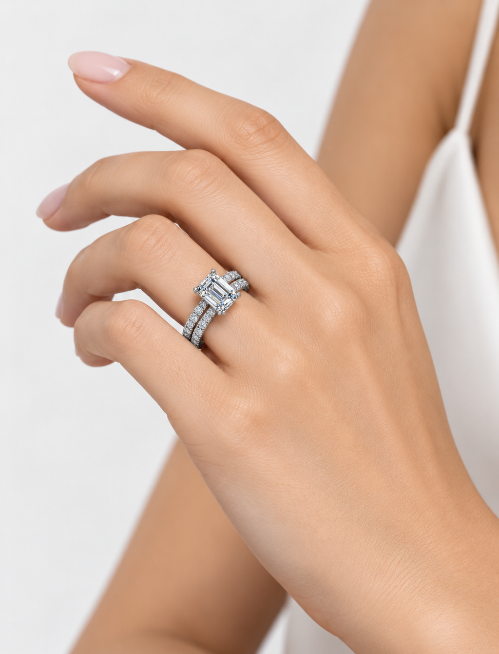 IGI Certified Lab Grown Emerald Cut Diamond Engagement Ring with Matching Pavé Band Bridal Set in Gold & Platinum