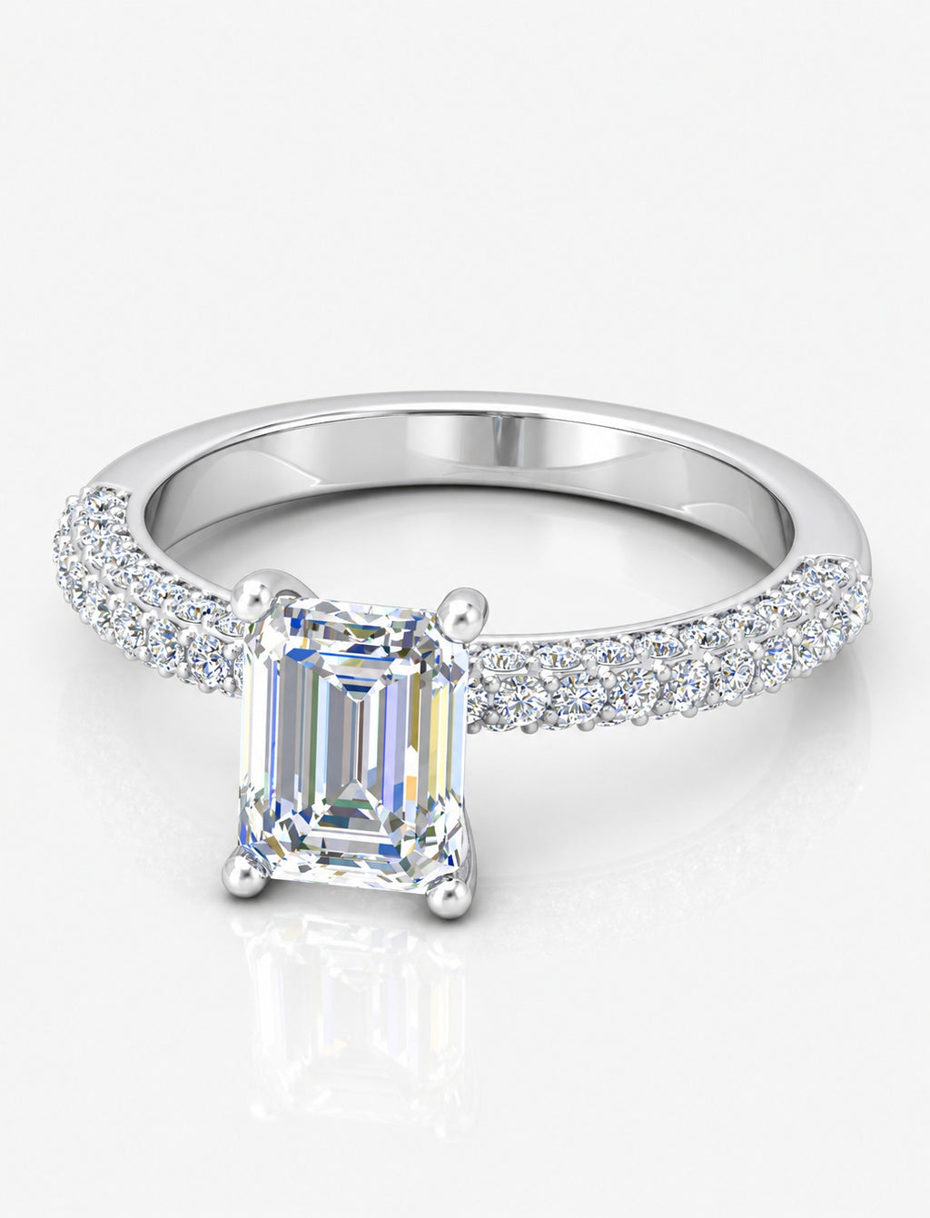 IGI Certified Lab Grown Emerald-Cut Solitaire Diamond Engagement Ring with Multi-Row Pavé Band in Gold & Platinum – 1–4Ct