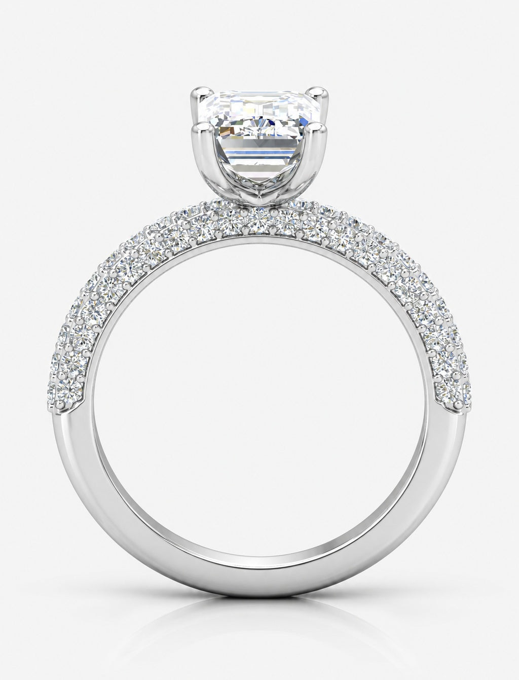 IGI Certified Lab Grown Emerald-Cut Solitaire Diamond Engagement Ring with Multi-Row Pavé Band in Gold & Platinum – 1–4Ct