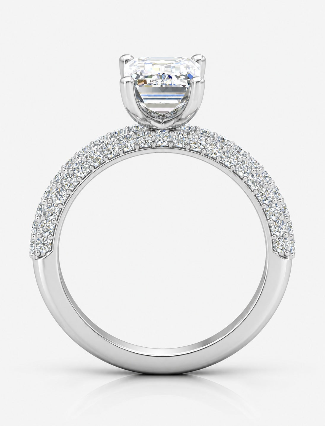 IGI Certified Lab Grown Emerald-Cut Solitaire Diamond Engagement Ring with Multi-Row Pavé Band in Gold & Platinum – 1–4Ct