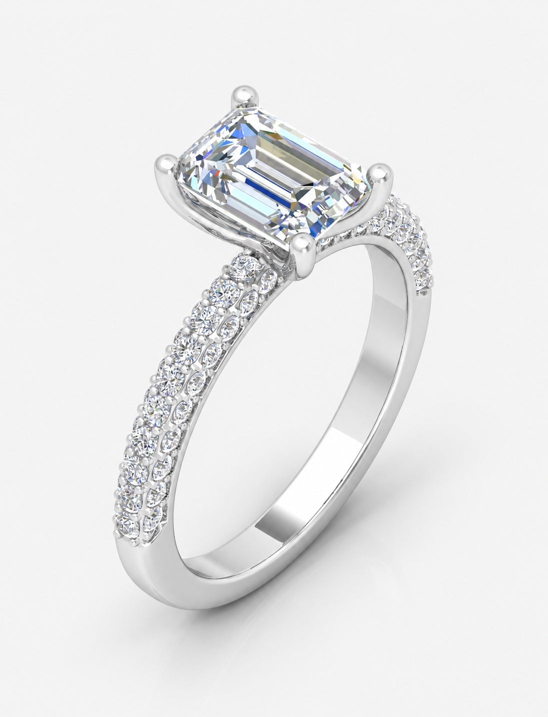 IGI Certified Lab Grown Emerald-Cut Solitaire Diamond Engagement Ring with Multi-Row Pavé Band in Gold & Platinum – 1–4Ct