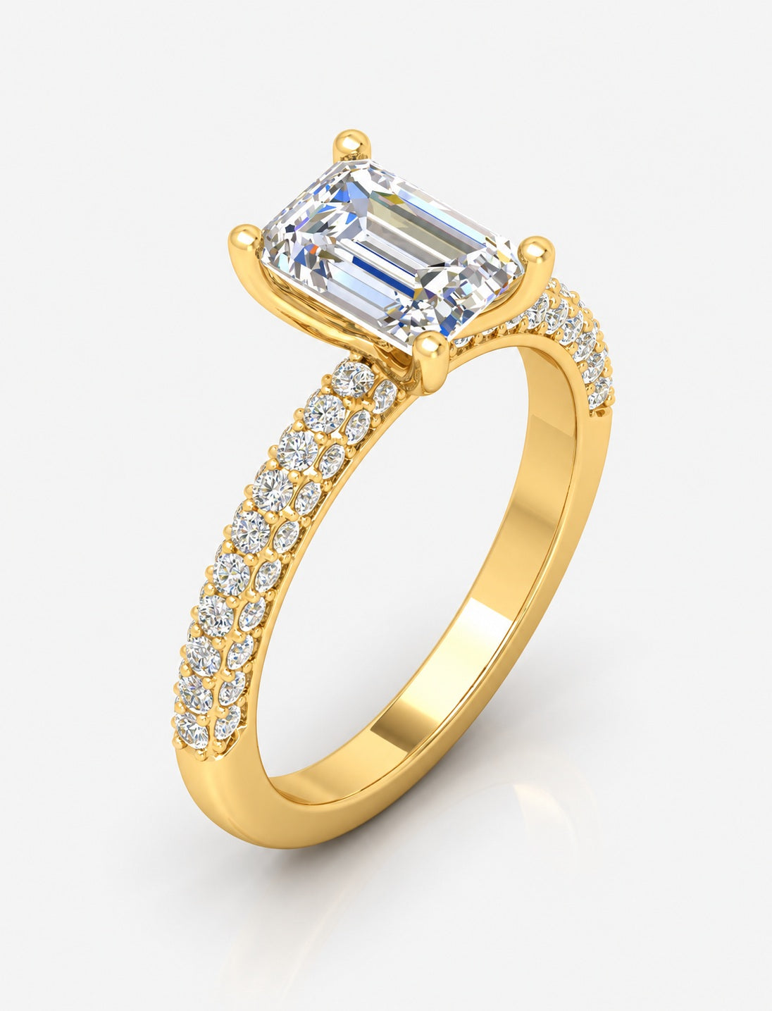 IGI Certified Lab Grown Emerald-Cut Solitaire Diamond Engagement Ring with Multi-Row Pavé Band in Gold & Platinum – 1–4Ct