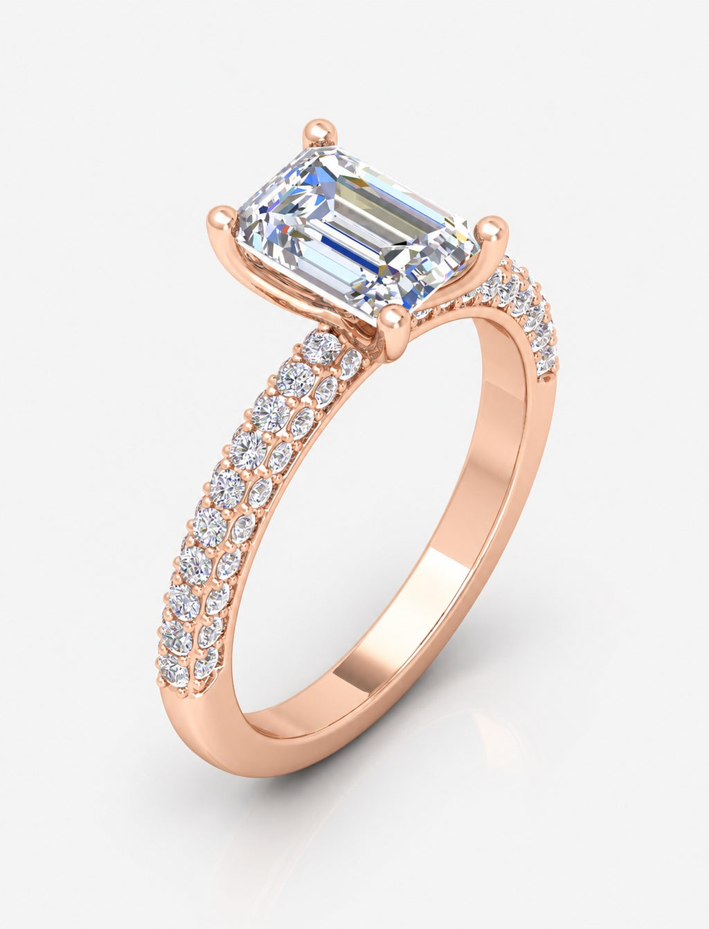 IGI Certified Lab Grown Emerald-Cut Solitaire Diamond Engagement Ring with Multi-Row Pavé Band in Gold & Platinum – 1–4Ct