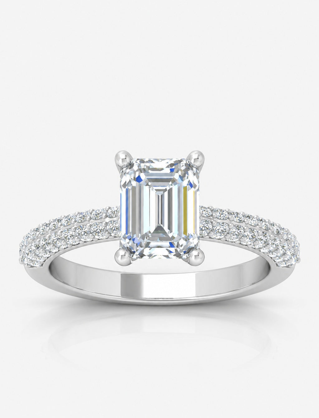 IGI Certified Lab Grown Emerald-Cut Solitaire Diamond Engagement Ring with Multi-Row Pavé Band in Gold & Platinum – 1–4Ct