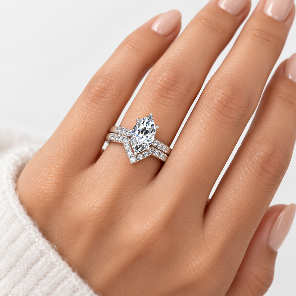 IGI Certified Lab Grown Marquise Side Diamond Engagement Ring with Matching Band in Platinum & Gold - 1-5ct