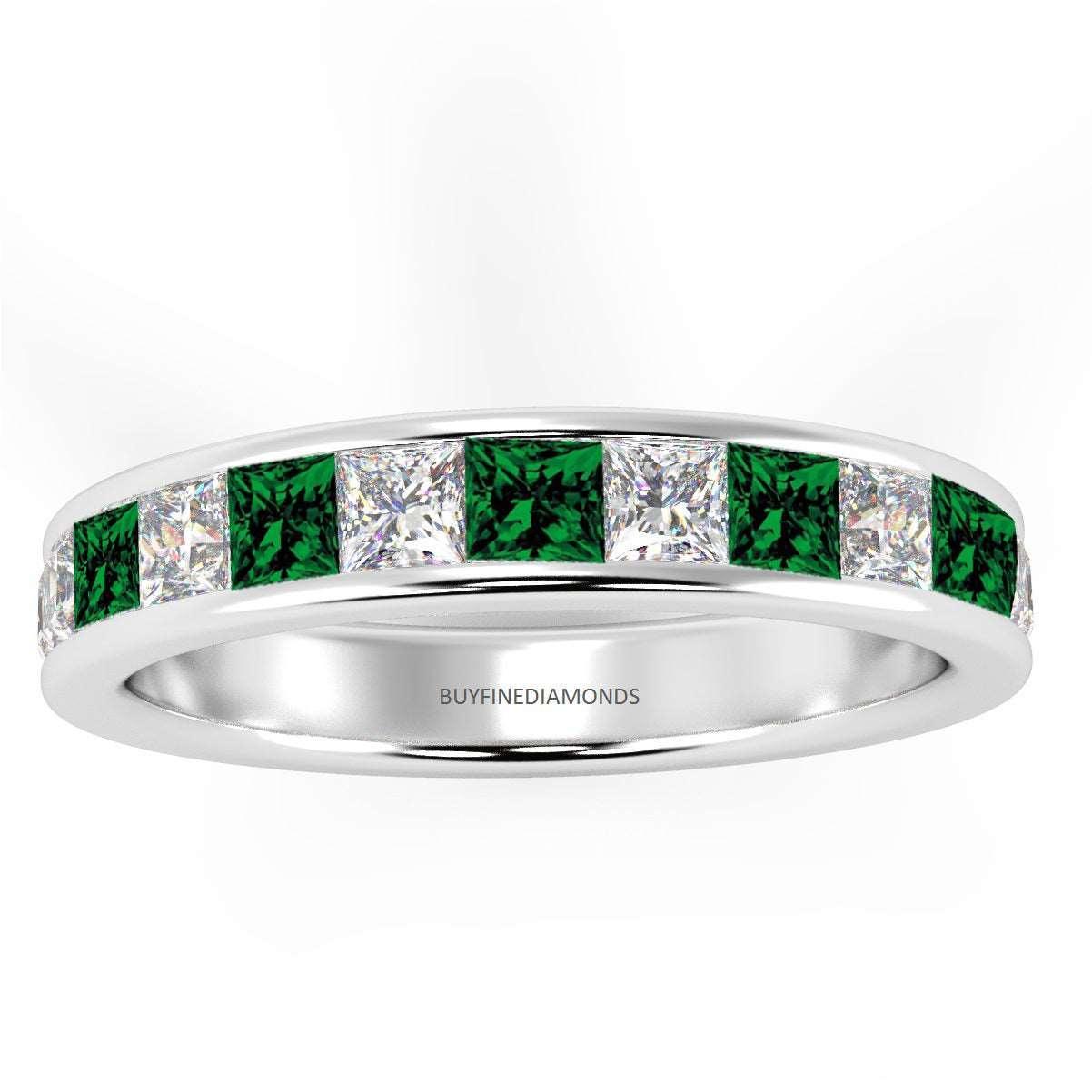 3mm 0.75Ct Emerald And Princess Diamond Half Eternity Ring