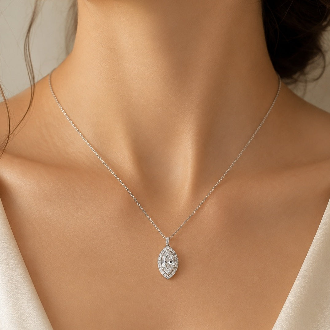 GIA Certified F/SI Marquise Natural Diamond Halo Pendant in White Gold (0.50–1.00CT)