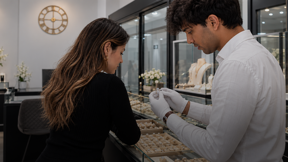 A jeweller showing a diamond piece to a customer at the Amada showroom in Hatton Garden, London