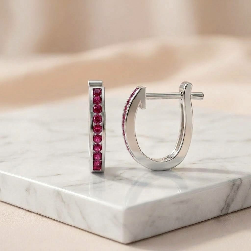 1.00Ct Natural AAA Diamond Cut Ruby Hoop Earring In Gold