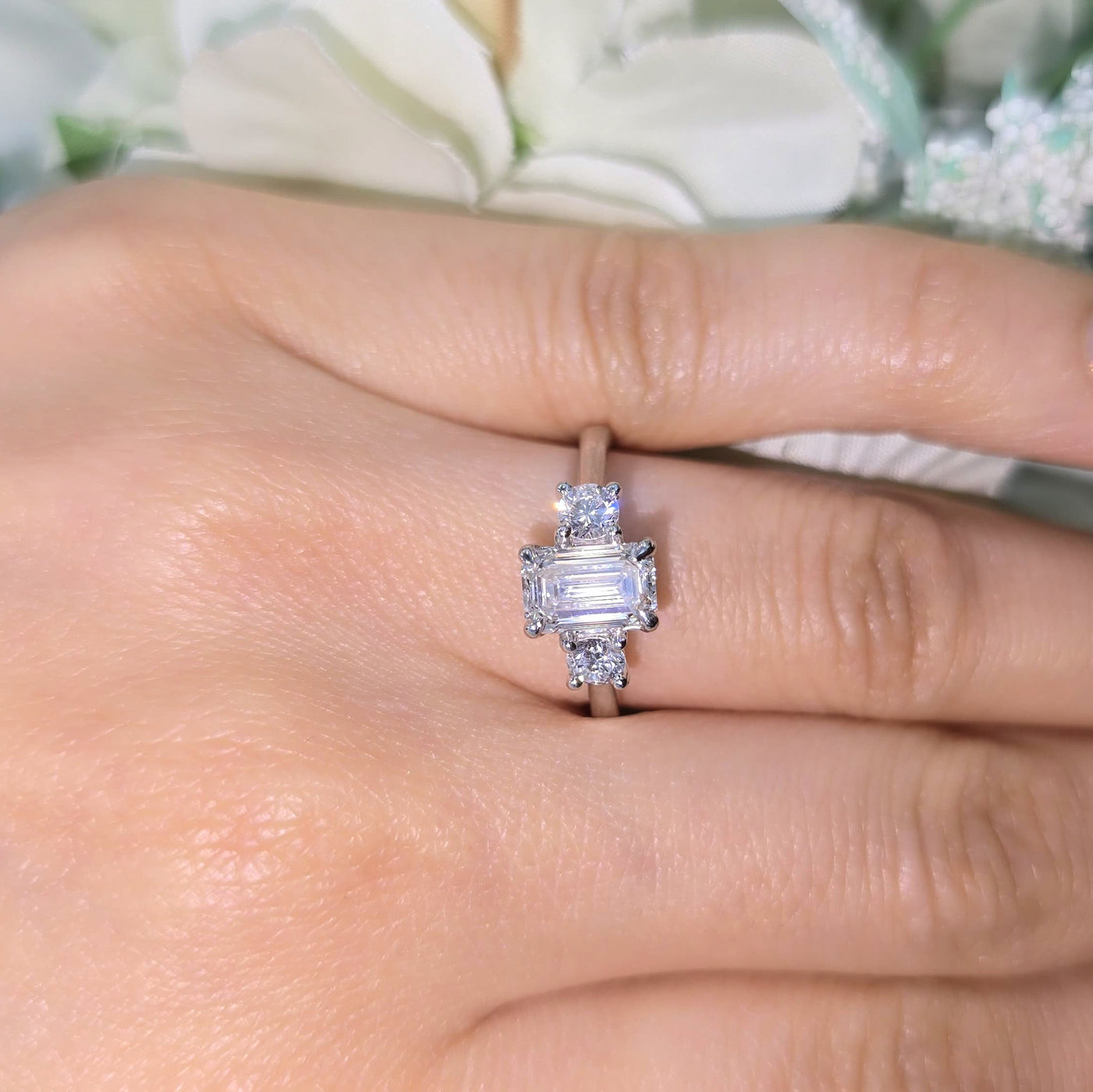 1.50 Carat D/VS Lab Grown Emerald & Round Diamond Trilogy Ring In 950 Platinum