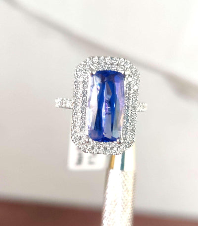 AAA 3.30 Ct Tanzanite Long Cushion & D/VS 0.52 Ct Diamond Halo Ring In Platinum