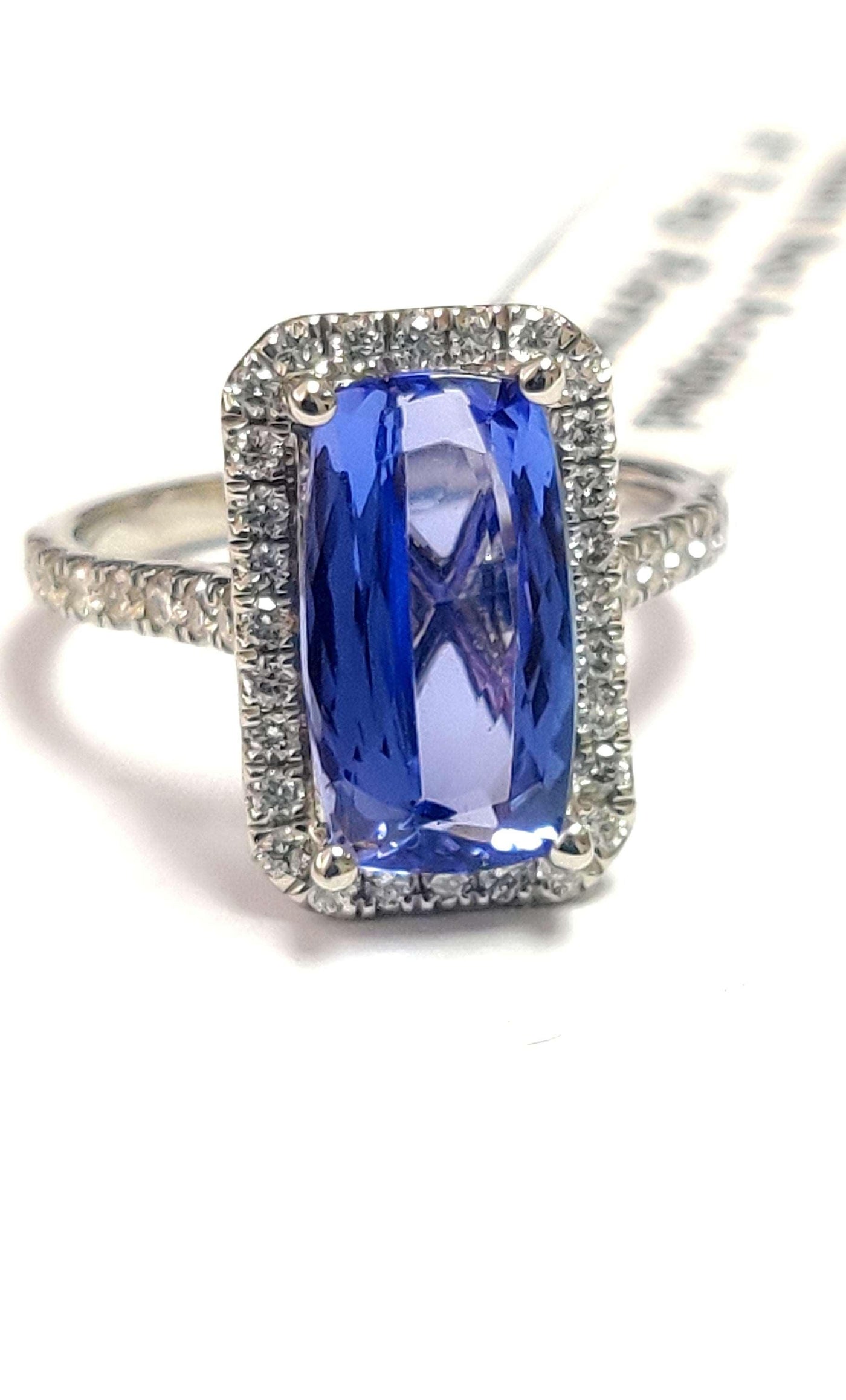 AAA 3.30 Ct Tanzanite Long Cushion & D/VS 0.52 Ct Diamond Halo Ring In Platinum