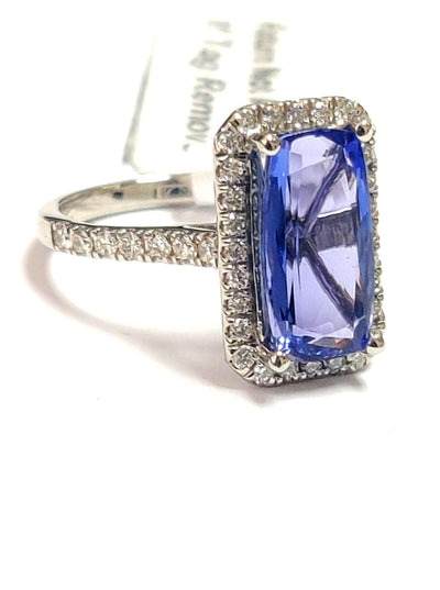 AAA 3.30 Ct Tanzanite Long Cushion & D/VS 0.52 Ct Diamond Halo Ring In Platinum