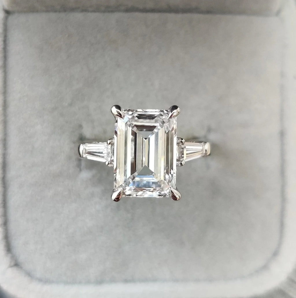 IGI Certified 4.75Ct F/VS Emerald Cut Diamond Trilogy Engagement Ring