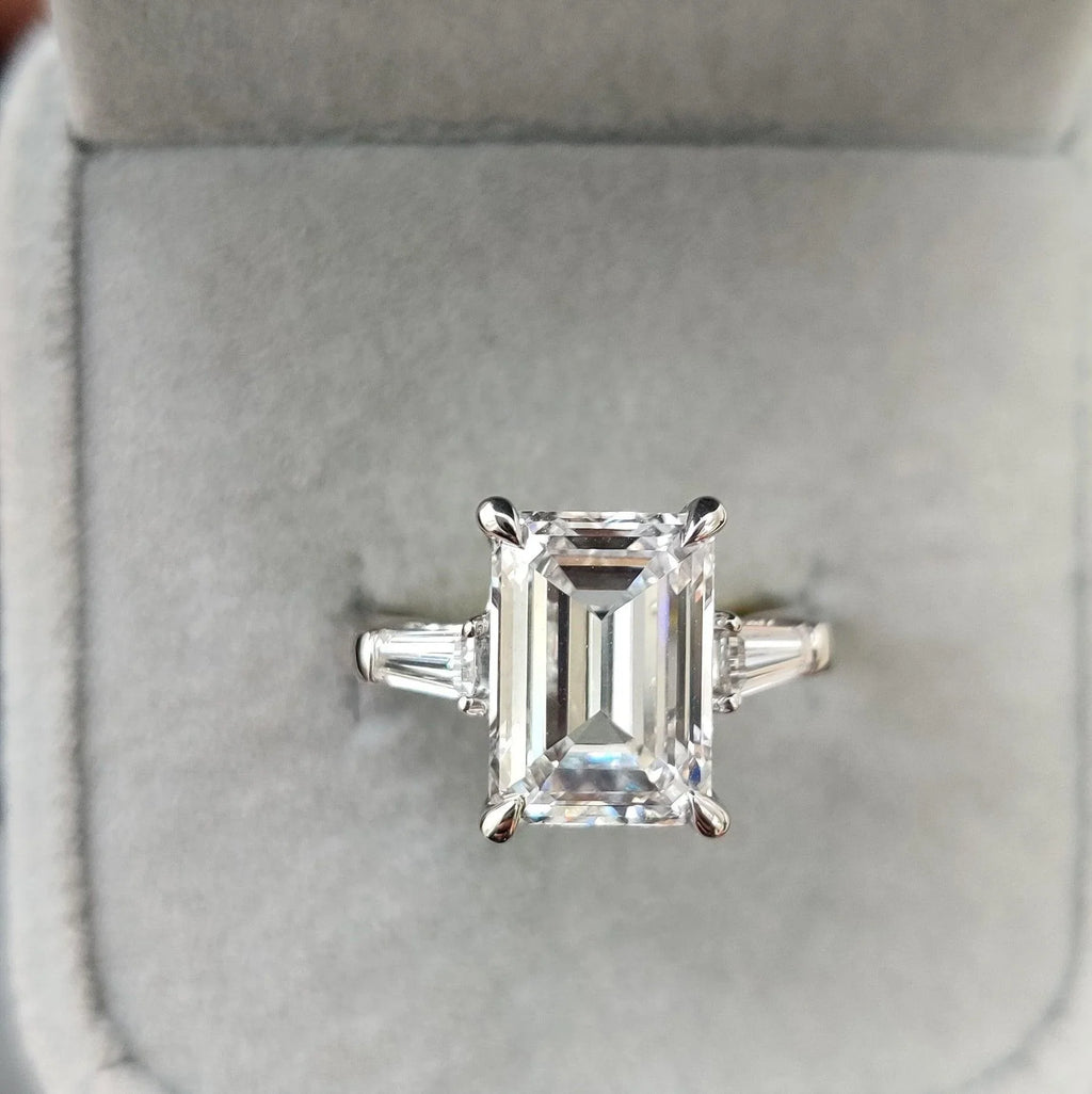 IGI Certified 4.75Ct F/VS Emerald Cut Diamond Trilogy Engagement Ring