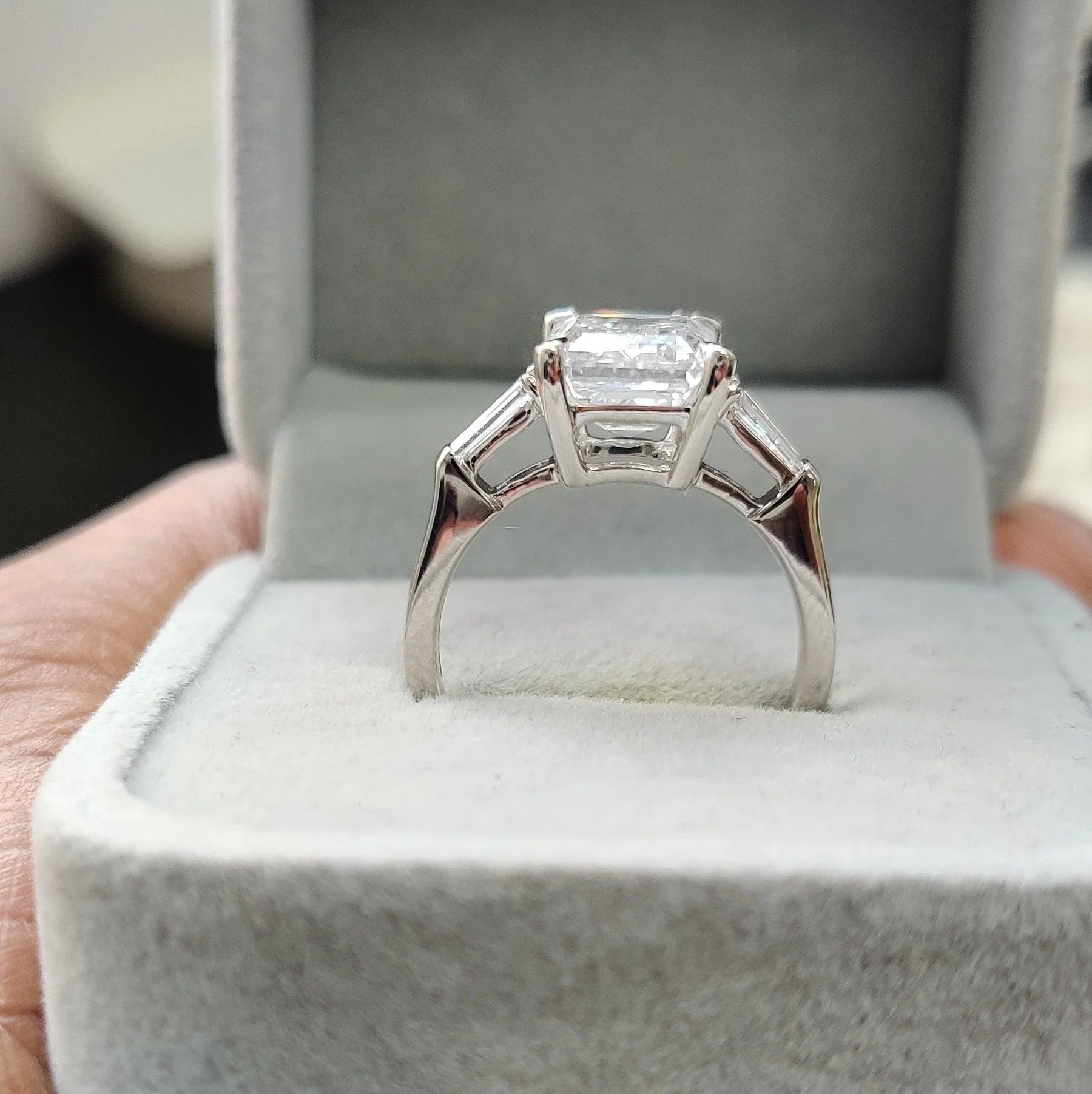 IGI Certified 4.75Ct F/VS Emerald Cut Diamond Trilogy Engagement Ring