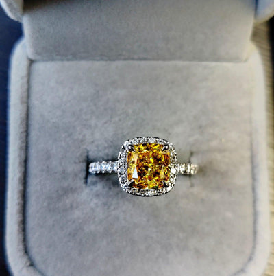 IGI CERTIFIED Fancy Vivid Yellow 2.40CT Cushion Diamond Halo Engagement Ring, Platinum