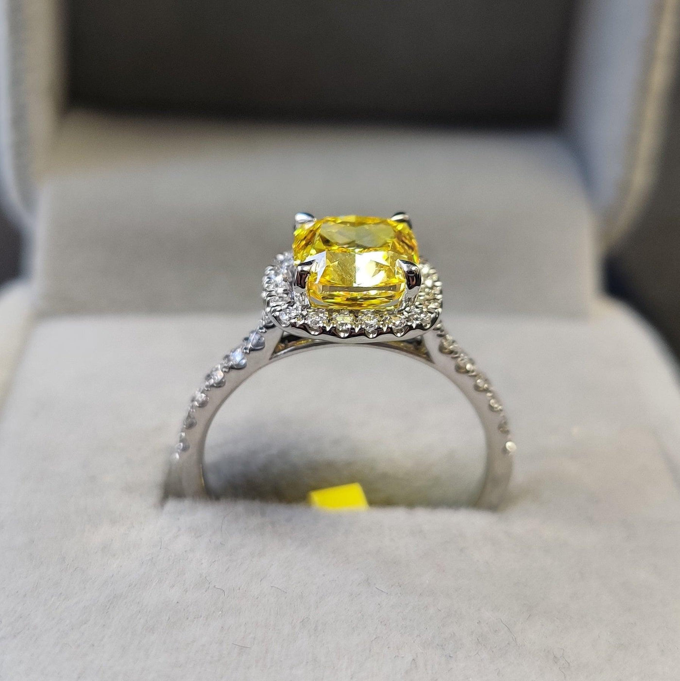 IGI CERTIFIED Fancy Vivid Yellow 2.40CT Cushion Diamond Halo Engagement Ring, Platinum